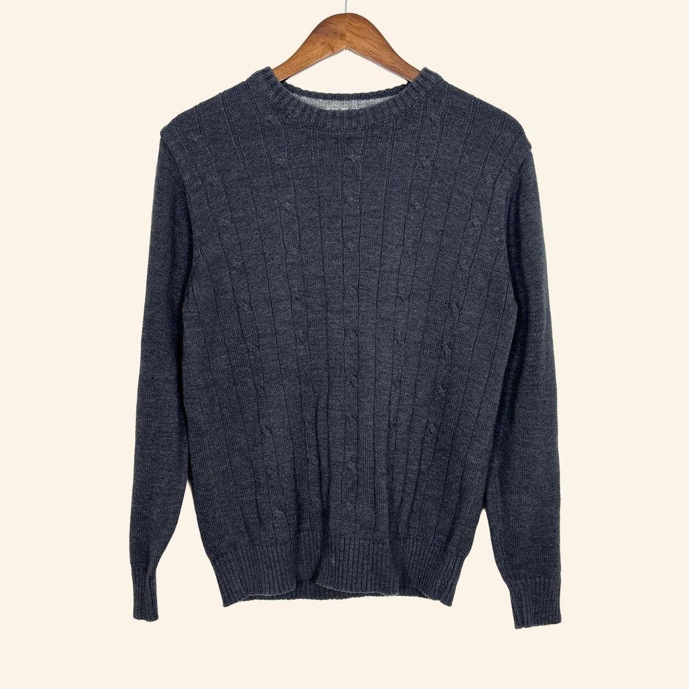 Oscar de la Renta Cable Knit Crewneck Sweater Gray Medium